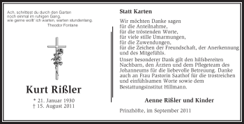 Traueranzeige von Kurt Rißler von KREISZEITUNG SYKE