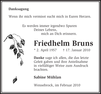 Traueranzeige von Friedhelm Bruns von KREISZEITUNG SYKE