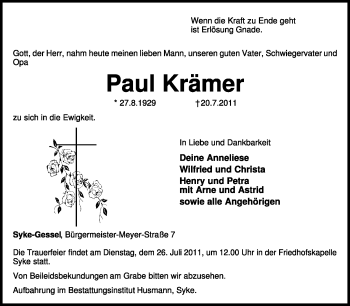 Traueranzeige von Paul Kremer von KREISZEITUNG SYKE