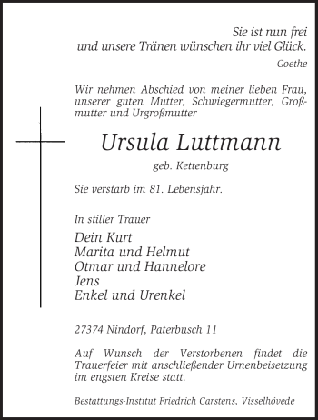 Traueranzeige von Ursula Luttmann von KREISZEITUNG SYKE