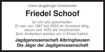 Traueranzeige von Friedel Schoof von KREISZEITUNG SYKE