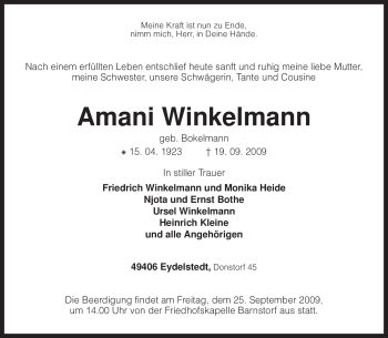 Traueranzeige von Amani Winkelmann von KREISZEITUNG SYKE