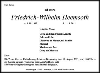 Traueranzeige von Friedrich-Wilhelm Heemsoth von KREISZEITUNG SYKE