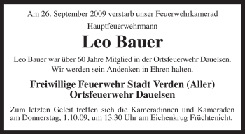 Traueranzeige von Leo Bauer von KREISZEITUNG SYKE