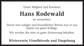 Traueranzeige von Hans Rodewald von KREISZEITUNG SYKE