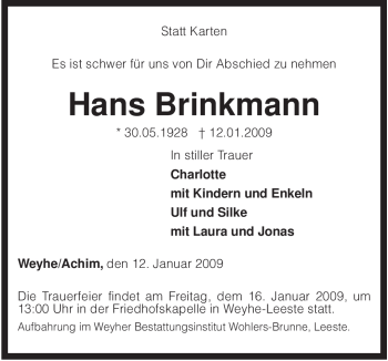 Traueranzeige von Hans Brinkmann von KREISZEITUNG SYKE