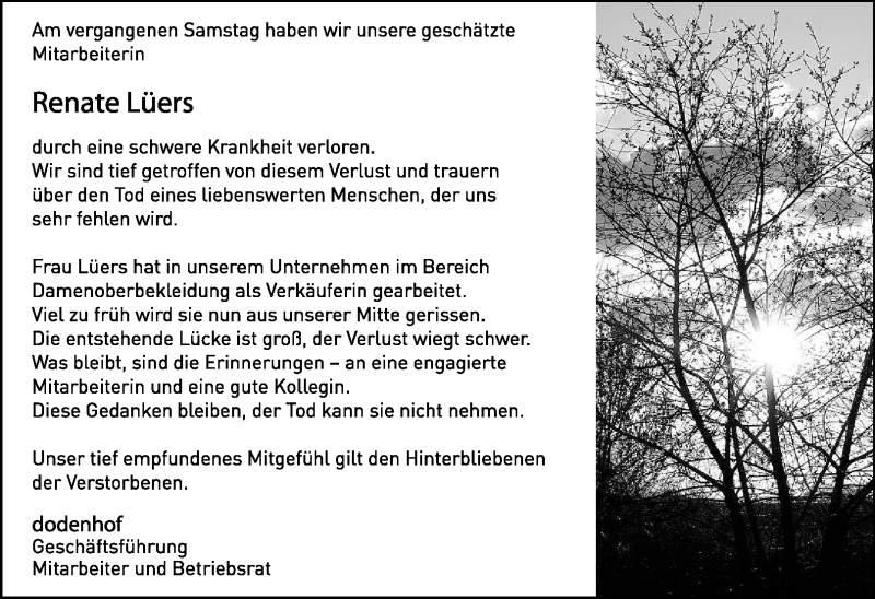  Traueranzeige für Renate Lüers vom 10.06.2011 aus KREISZEITUNG SYKE
