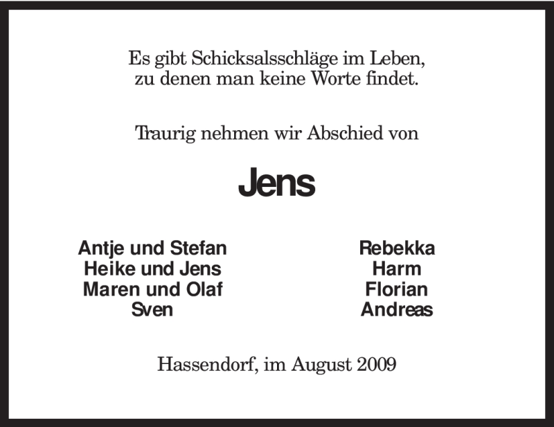 Traueranzeige für Jens Alhelm vom 19.08.2009 aus KREISZEITUNG SYKE