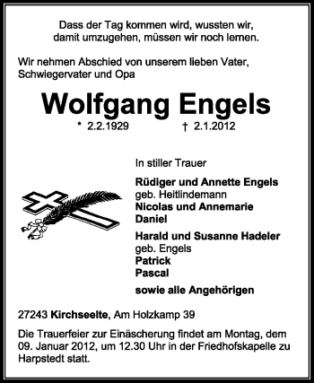 Traueranzeige von Wolfgang Engels von KREISZEITUNG SYKE