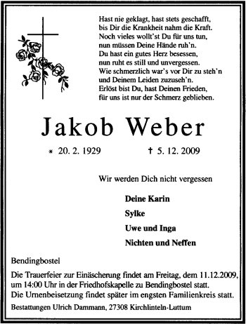 Traueranzeige von Jakob Weber von KREISZEITUNG SYKE