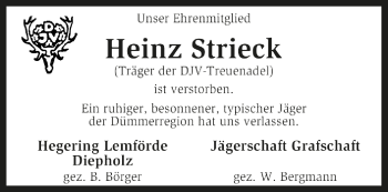 Traueranzeige von Heinz Strieck von Kreiszeitung