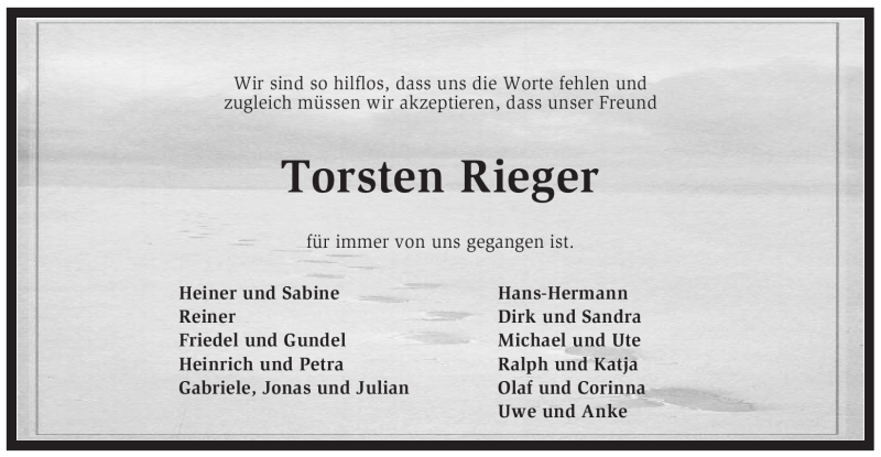  Traueranzeige für Torsten Rieger vom 30.05.2012 aus KREISZEITUNG SYKE