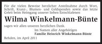 Traueranzeige von Wilma Winkelmann-Bünte von KREISZEITUNG SYKE