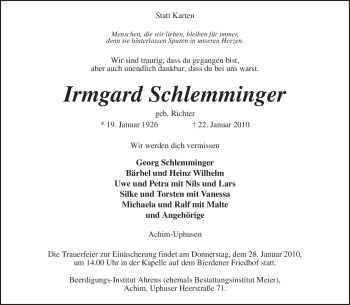 Traueranzeige von Irmgard Schlemminger von KREISZEITUNG SYKE