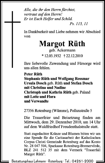 Traueranzeige von Margot Rüth von KREISZEITUNG SYKE