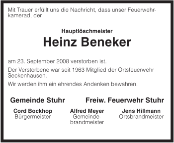 Traueranzeige von Heinz Beneker von KREISZEITUNG SYKE