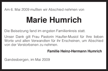 Traueranzeige von Marie Humrich von KREISZEITUNG SYKE