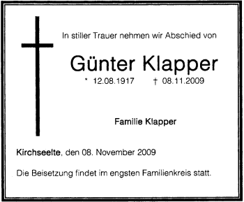 Traueranzeige von Günter Klapper von KREISZEITUNG SYKE