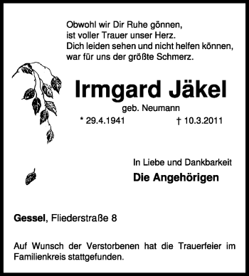 Traueranzeige von Irmgard Jäkel von KREISZEITUNG SYKE