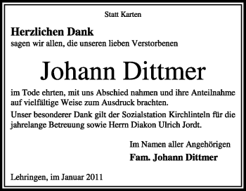 Traueranzeige von Johann Dittmer von KREISZEITUNG SYKE