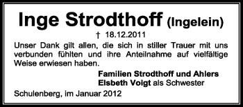 Traueranzeige von Inge Strodthoff von KREISZEITUNG SYKE