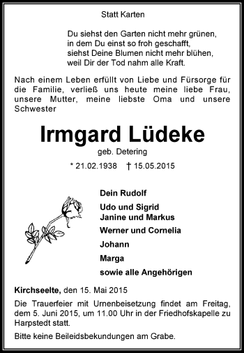 Traueranzeige von Irmgard Lüdeke von KRZ