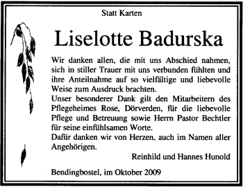 Traueranzeige von Liselotte Badurska von KREISZEITUNG SYKE