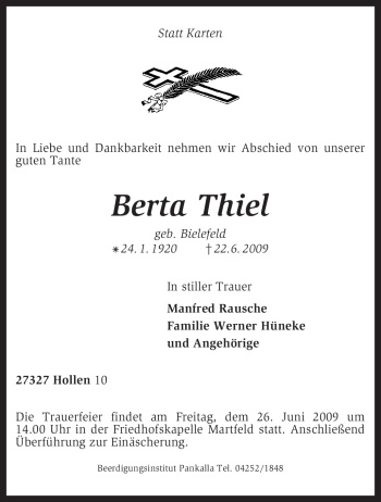 Traueranzeige von Berta Thiel von KREISZEITUNG SYKE