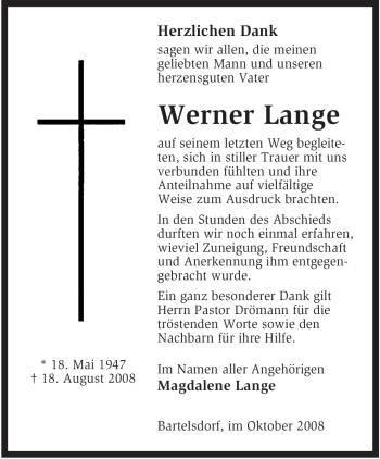 Traueranzeige von Werner Lange von KREISZEITUNG SYKE