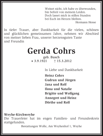 Traueranzeige von Gerda Cohrs von KREISZEITUNG SYKE