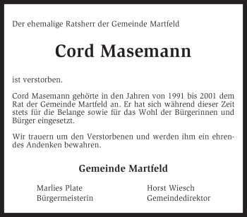 Traueranzeige von Cord Masemann von KREISZEITUNG SYKE