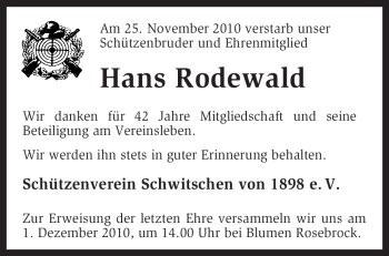 Traueranzeige von Hans Rodewald von KREISZEITUNG SYKE