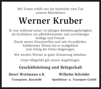 Traueranzeige von Werner Kruber von KREISZEITUNG SYKE