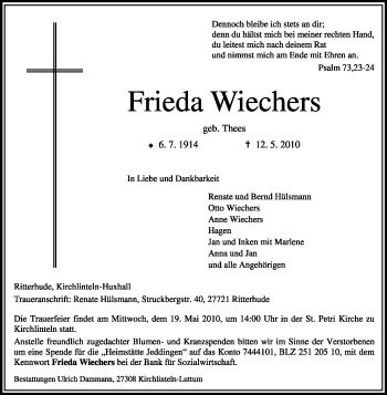 Traueranzeige von Frieda Wiechers von KREISZEITUNG SYKE