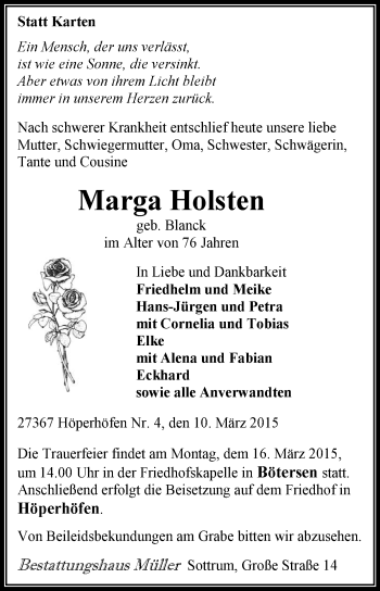 Traueranzeige von Marga Holsten von KRZ