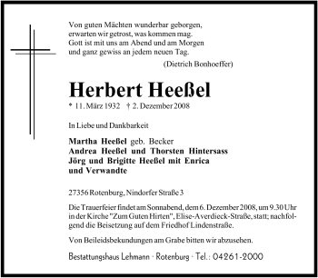 Traueranzeige von Herbert Heeßel von KREISZEITUNG SYKE