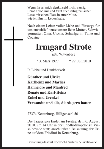 Traueranzeige von Irmgard Strote von KREISZEITUNG SYKE