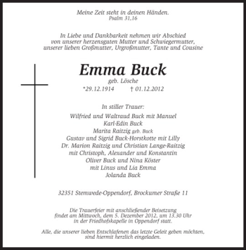 Traueranzeige von Emma Buck von Kreiszeitung