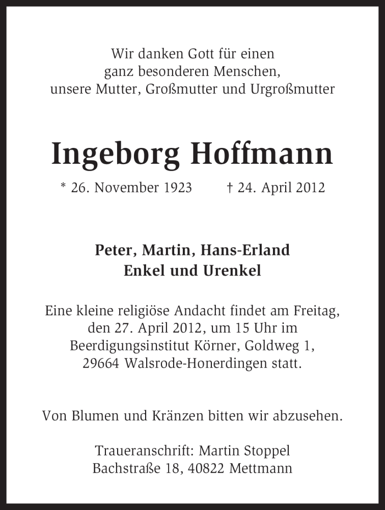  Traueranzeige für Ingeborg Hoffmann vom 26.04.2012 aus KREISZEITUNG SYKE