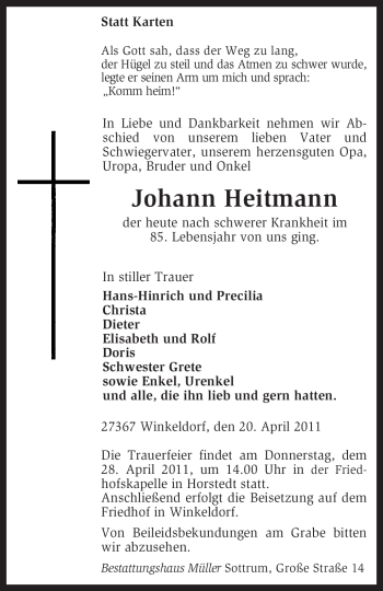 Traueranzeige von Johann Heitmann von KREISZEITUNG SYKE