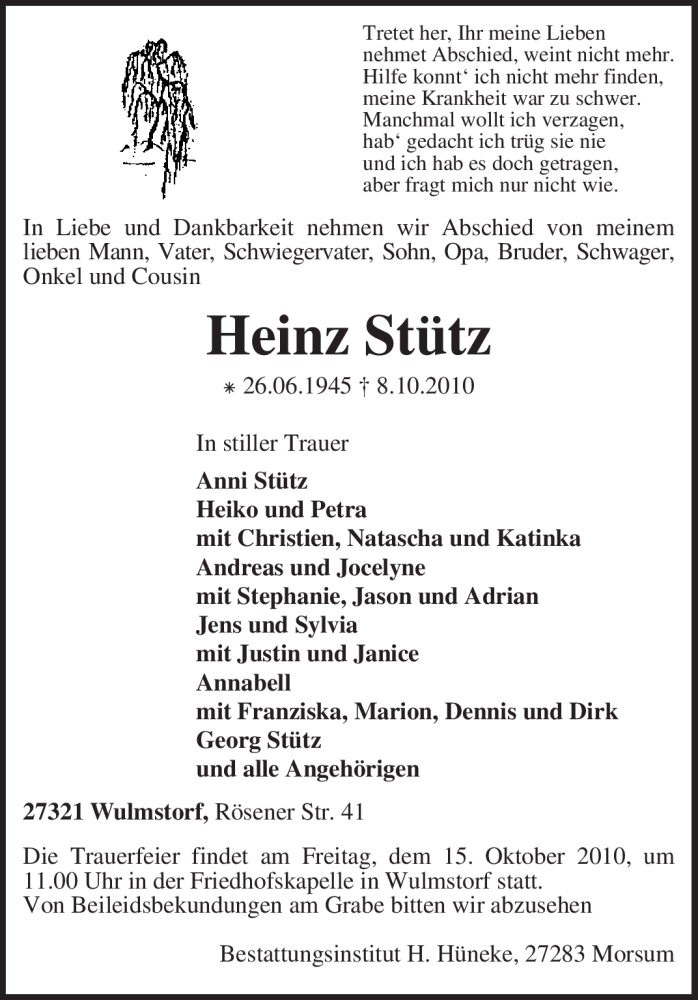  Traueranzeige für Heinz Stütz vom 12.10.2010 aus KREISZEITUNG SYKE
