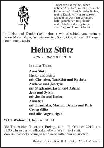 Traueranzeige von Heinz Stütz von KREISZEITUNG SYKE