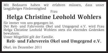 Traueranzeige von Helga Christine Leohold-Wohlers von KREISZEITUNG SYKE