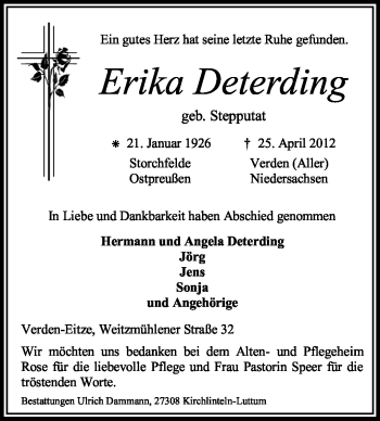 Traueranzeige von Erika Deterding von KREISZEITUNG SYKE