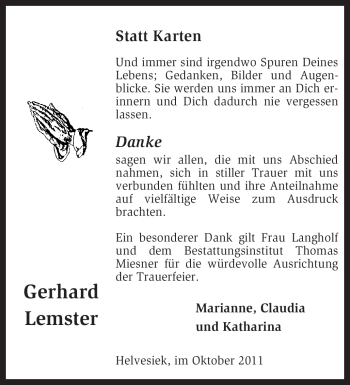 Traueranzeige von Gerhard Lemster von KREISZEITUNG SYKE