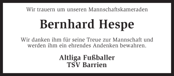 Traueranzeige von Bernhard Hespe von KREISZEITUNG SYKE