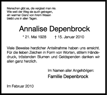 Traueranzeige von Annalise Depenbrock von KREISZEITUNG SYKE