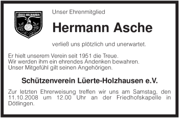 Traueranzeige von Hermann Asche von KREISZEITUNG SYKE