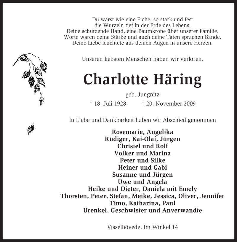  Traueranzeige für Charlotte Häring vom 28.11.2009 aus KREISZEITUNG SYKE