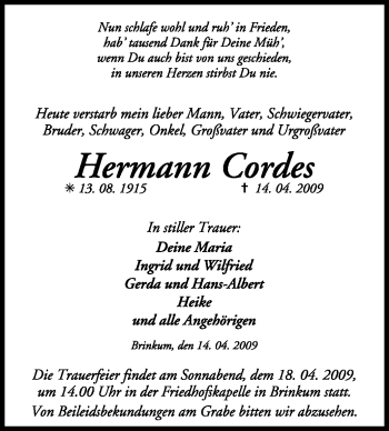 Traueranzeige von Hermann Cordes von KREISZEITUNG SYKE